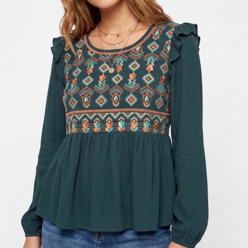 Savanna Jane Aztec Embroidered Boho Peplum Top Forest Green Small